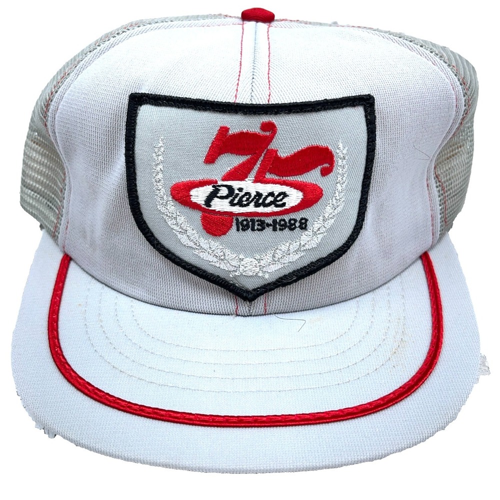 Vintage‎ Pierce Trucker Hat Cap Gray Red Stripe Patch 80s Made In USA Foods Snap